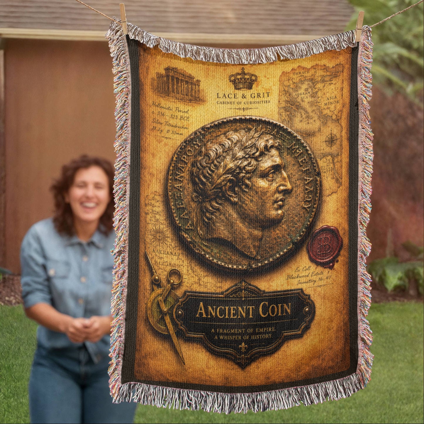 Ancient Coin Woven Throw Blanket | Cabinet of Curiosities Decor | Cotton Tapestry | Archaeology History Gift