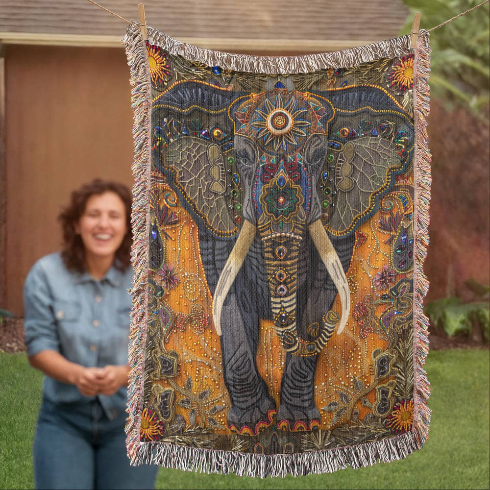 Boho Elephant Woven Blanket – Beaded-Inspired Tapestry with Tribal Floral Accents
