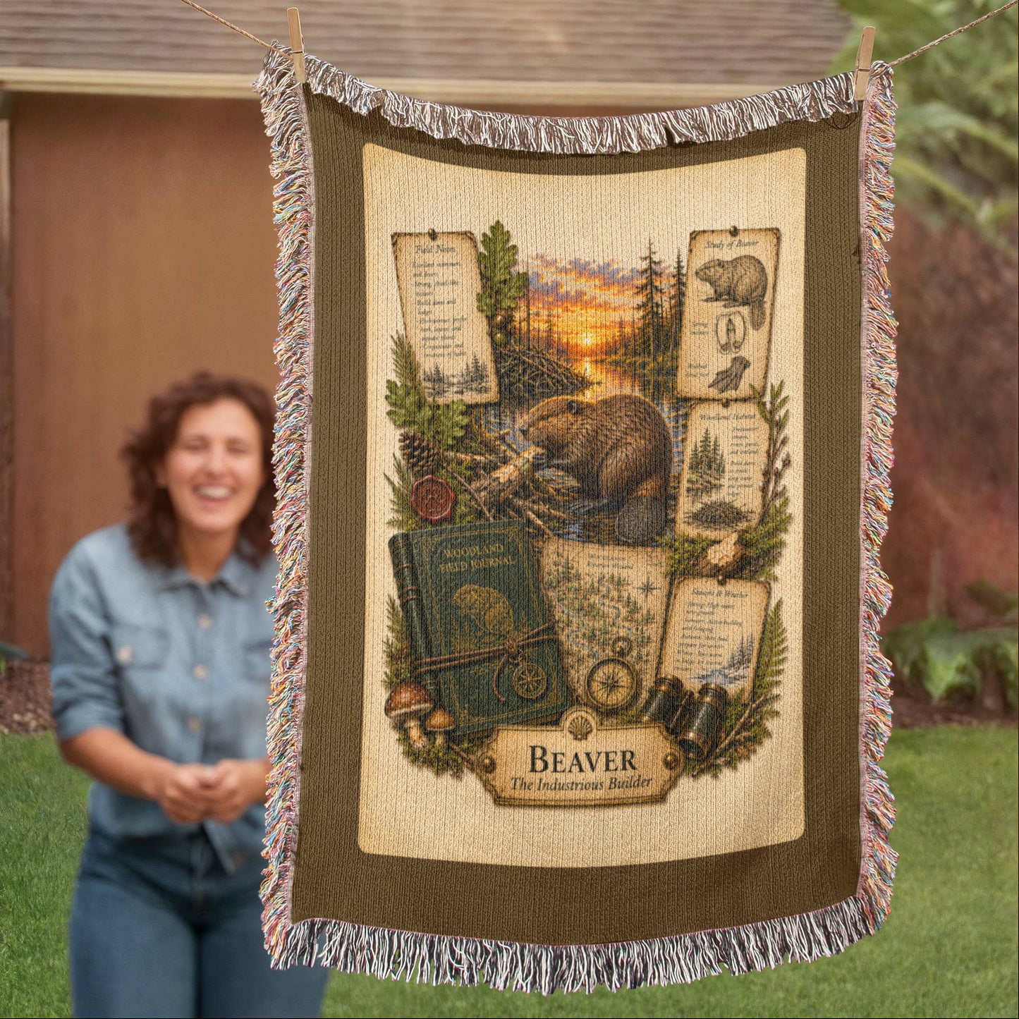 Beaver Woven Throw Blanket | Woodland Animal Decor | Cotton Tapestry Throw | Naturalist Journal Gift
