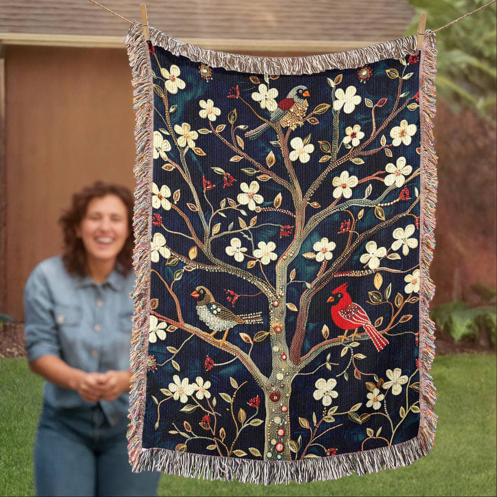 Blossom & Birds | Botanical Cardinal Woven Blanket for Cozy Boho Spaces