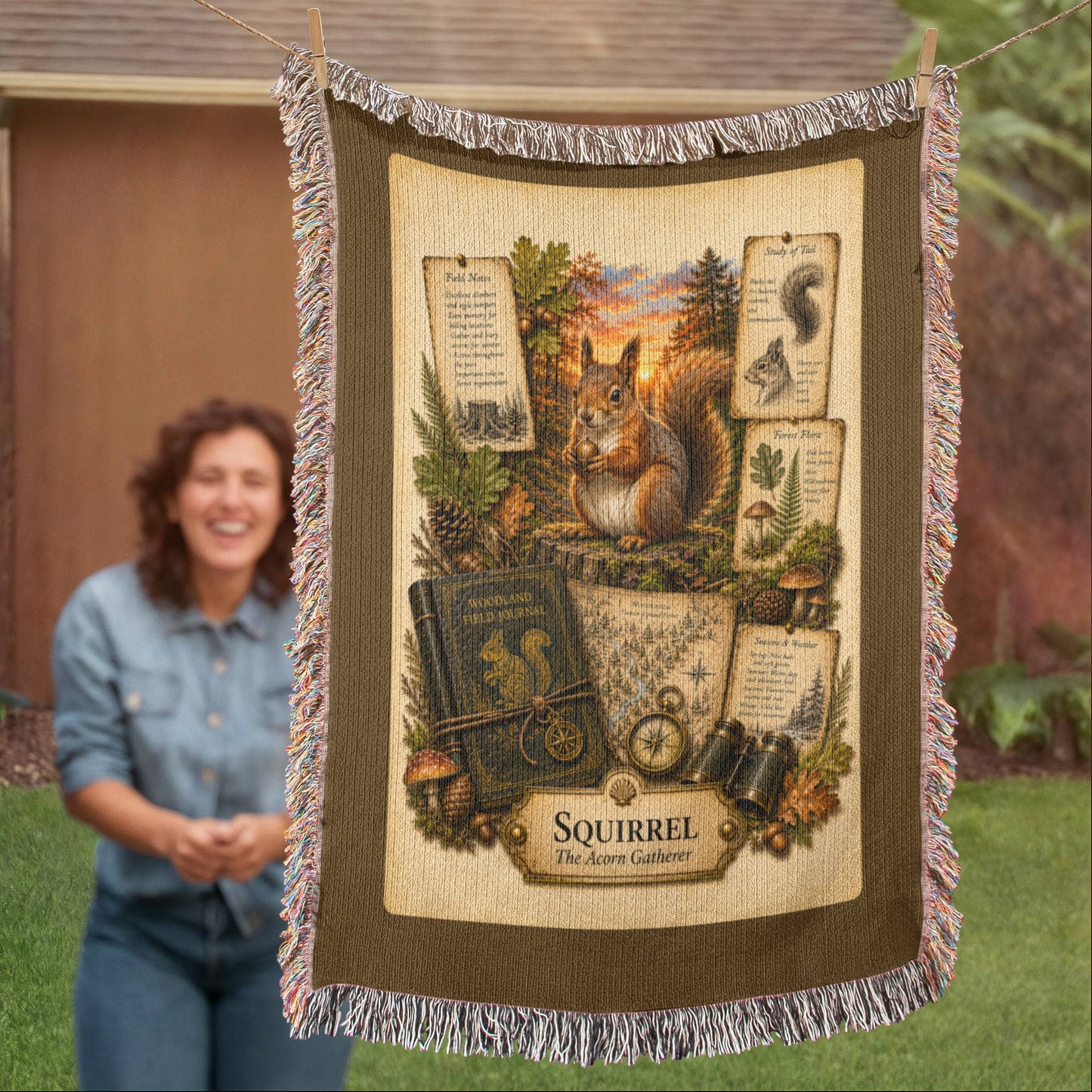 Squirrel Woven Throw Blanket | Woodland Animal Decor | Cotton Tapestry Throw | Naturalist Journal Gift