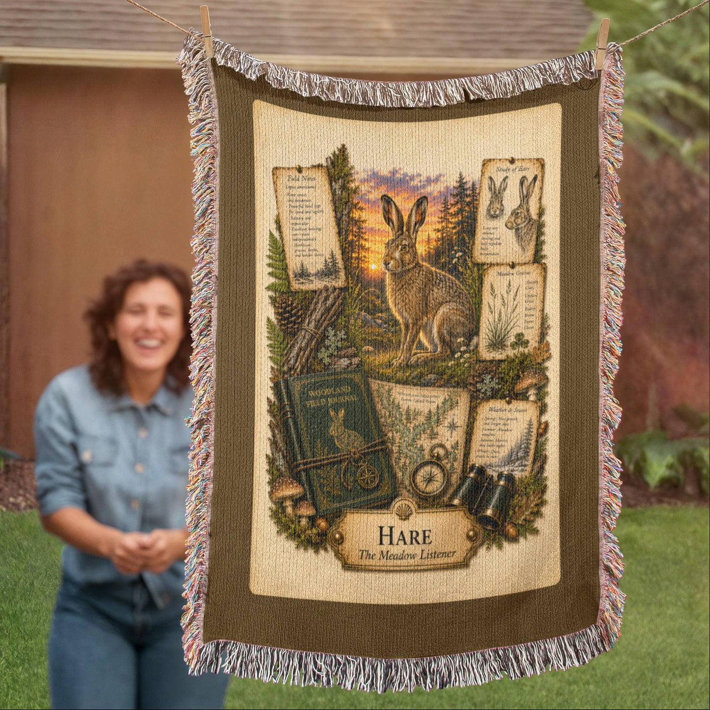 Hare Woven Throw Blanket | Woodland Animal Decor | Cotton Tapestry Throw | Naturalist Journal Gift
