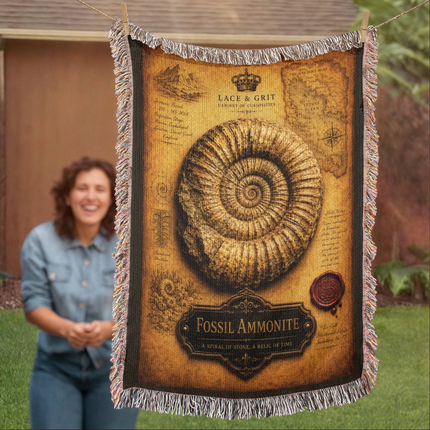 Fossil Ammonite  Woven Throw Blanket | Cabinet of Curiosities Decor | Cotton Tapestry | Archaeology History Gift