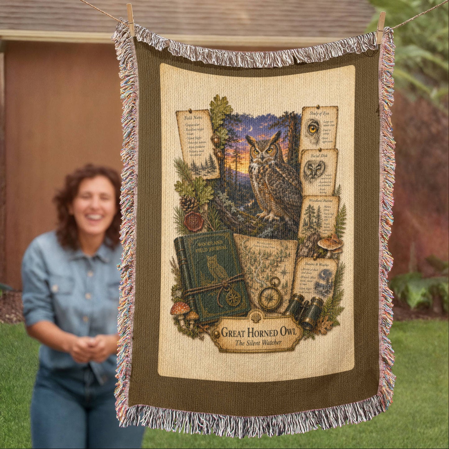 Great Horned Owl Woven Throw Blanket | Woodland Animal Decor | Cotton Tapestry Throw | Naturalist Journal Gift