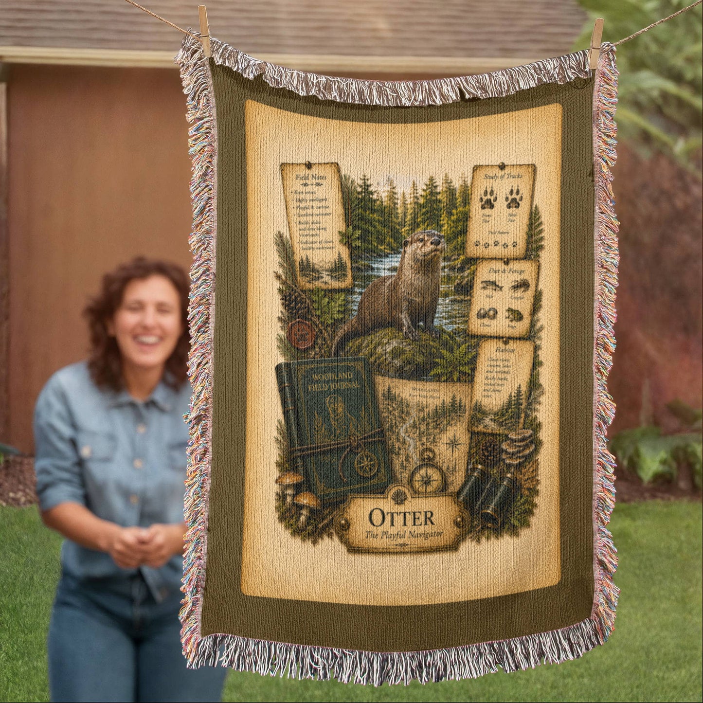 Otter Woven Throw Blanket | Woodland Animal Decor | Cotton Tapestry Throw | Naturalist Journal Gift
