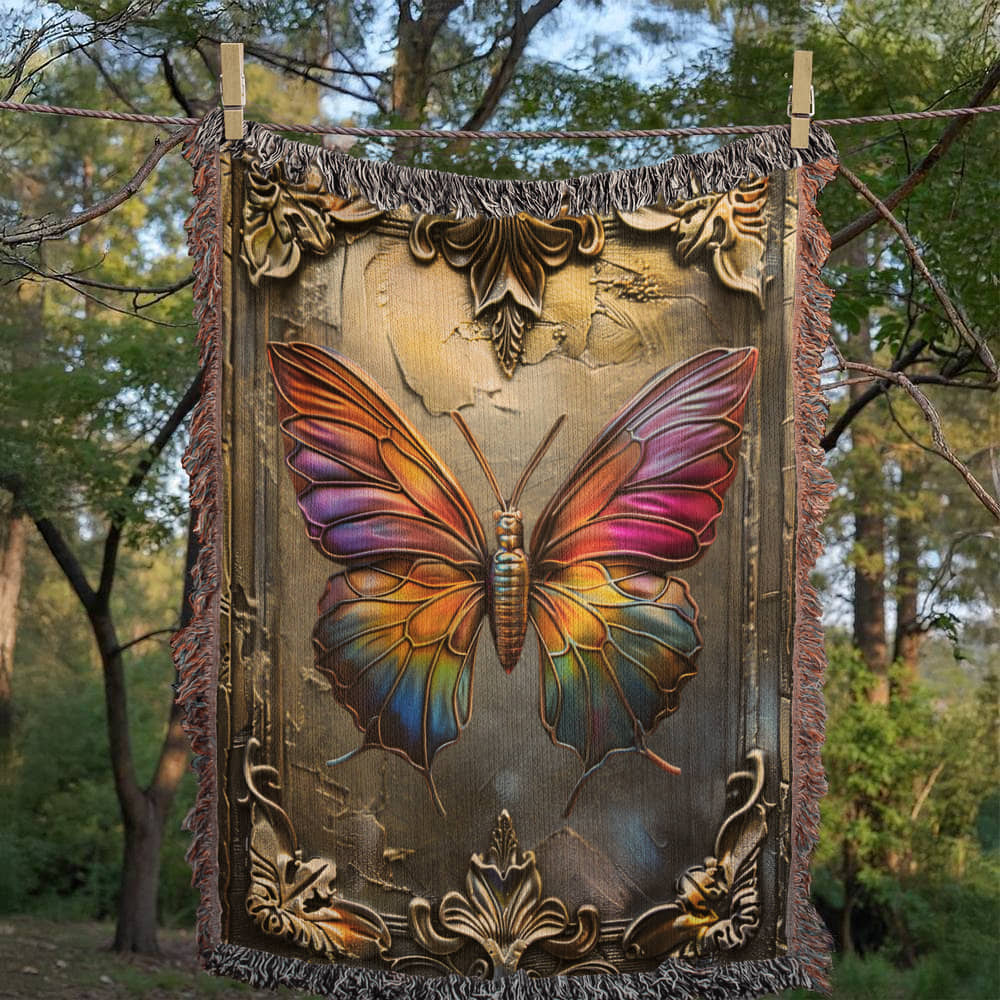 Embossed Butterfly Blanket – Iridescent Woven Throw | Symbolic Boho Decor by Lace & Grit