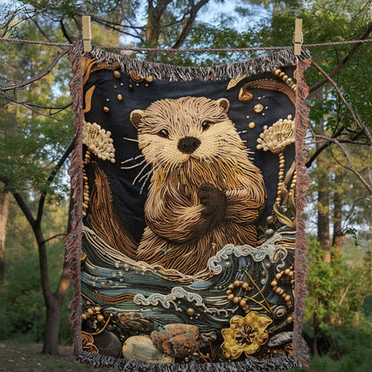 Beaded Look River Otter Blanket – Woven Nature-Inspired Throw | Cozy Animal Art by Lace & Grit