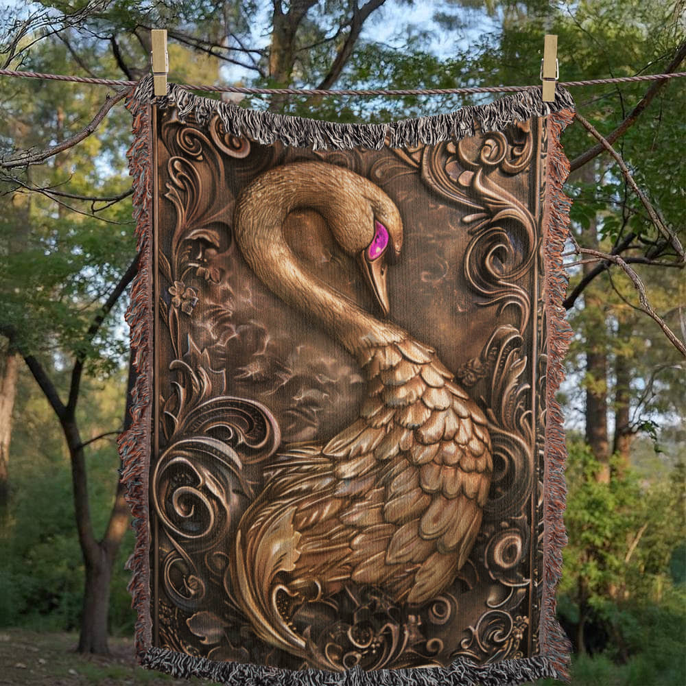 Embossed Swan Blanket – Bronze Woven Throw | Elegant Boho Decor by Lace & Grit