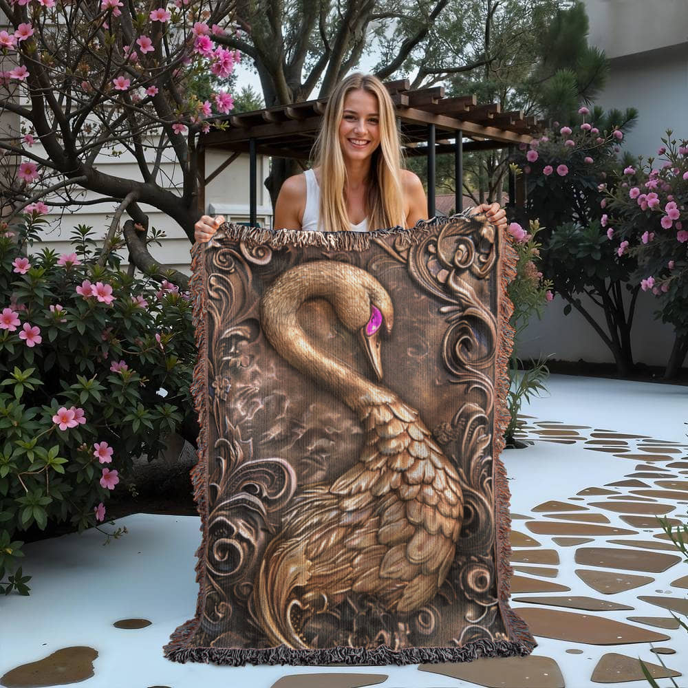 Embossed Swan Blanket – Bronze Woven Throw | Elegant Boho Decor by Lace & Grit