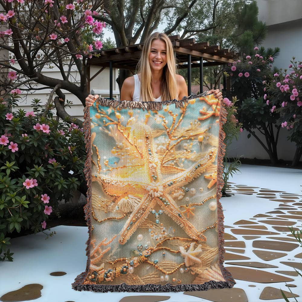 Beaded Look Starfish Blanket – Woven Coastal Fantasy Throw | Ocean-Inspired Decor by Lace & Grit