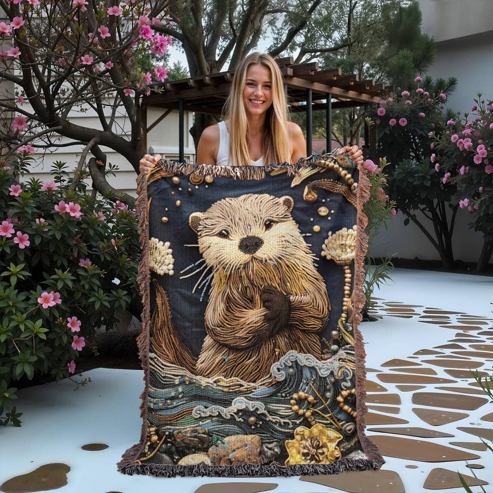 Beaded Look River Otter Blanket – Woven Nature-Inspired Throw | Cozy Animal Art by Lace & Grit
