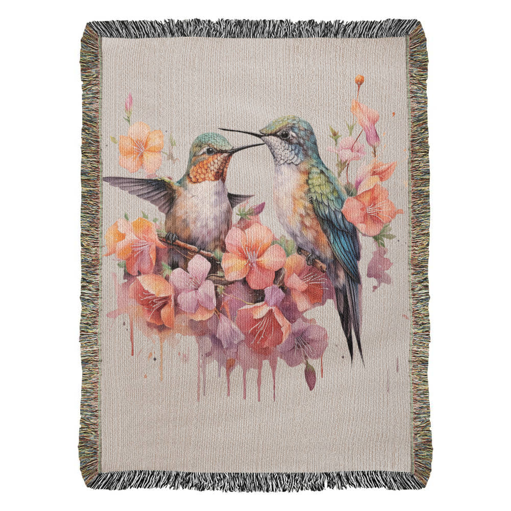 Skykiss Woven Blanket – Watercolor Hummingbirds in Bloom