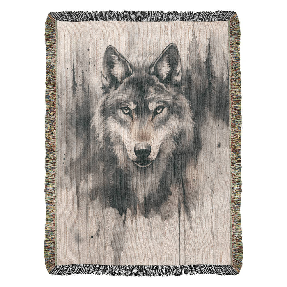 Lone Wolf Woven Blanket – Watercolor Wildlife Throw | Rustic Boho Cabin Decor