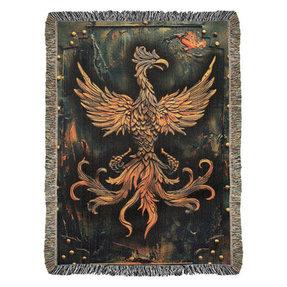 Emberborn Phoenix Blanket – Woven Mystical Firebird Emblem | Fantasy Artifact Decor by Lace & Grit