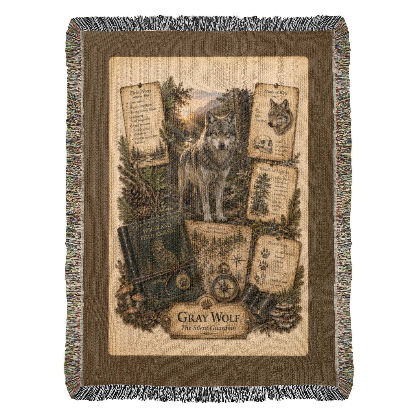Gray Wolf Woven Throw Blanket | Woodland Animal Decor | Cotton Tapestry Throw | Naturalist Journal Gift