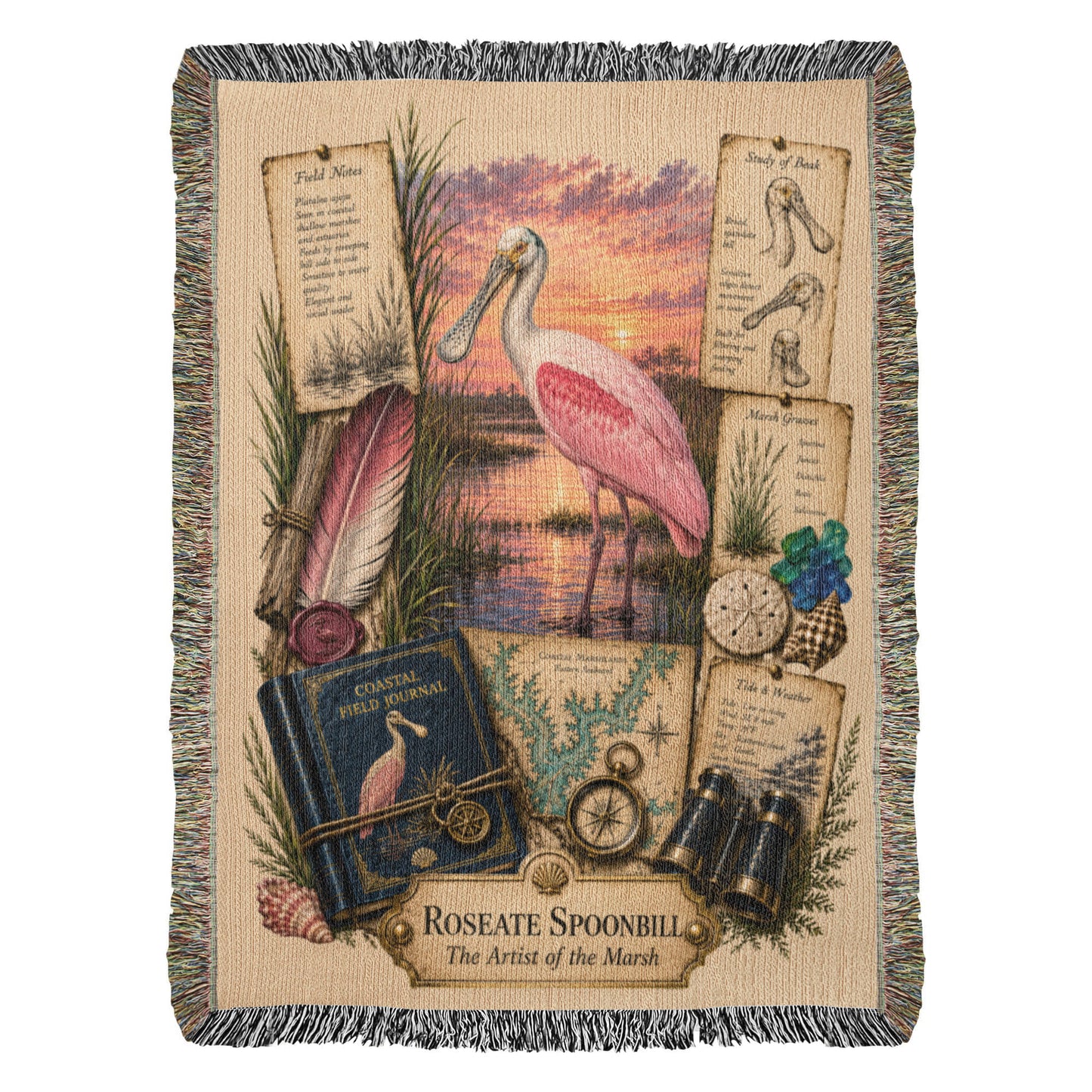 Roseate Spoonbill Woven Throw Blanket | Coastal Bird Decor | Cotton Tapestry Throw | Naturalist Journal Gift