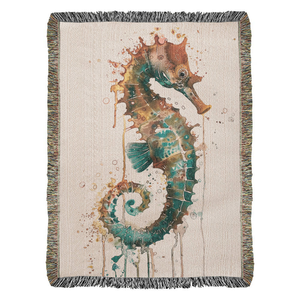 Cindertide Woven Blanket – Watercolor Seahorse with Drip Effect