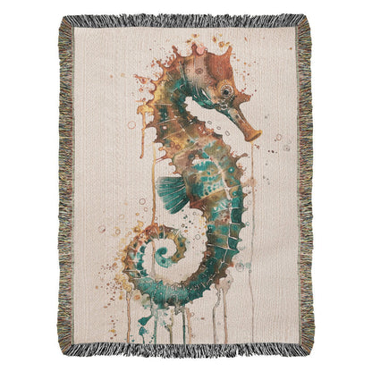 Cindertide Woven Blanket – Watercolor Seahorse with Drip Effect