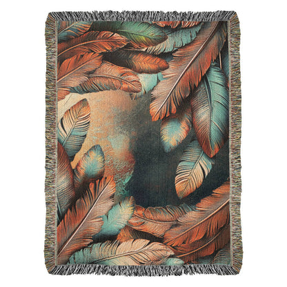Embossed Feather Blanket – Boho-Inspired Woven Throw | Copper & Teal Artistic Decor by Lace & Grit