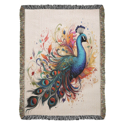 Plumefire Woven Blanket – Watercolor Peacock in Full Display