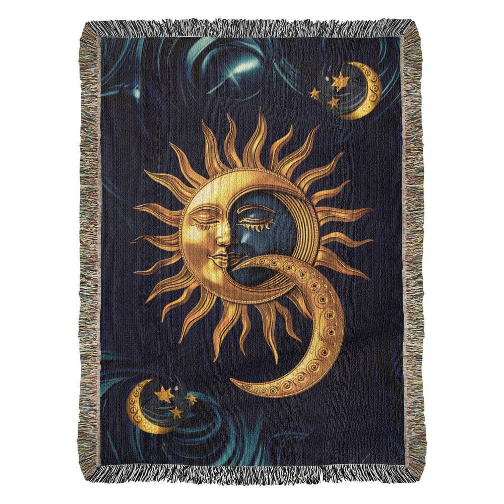 Embossed Sun & Moon Blanket – Celestial Woven Throw | Cosmic Boho Decor by Lace & Grit