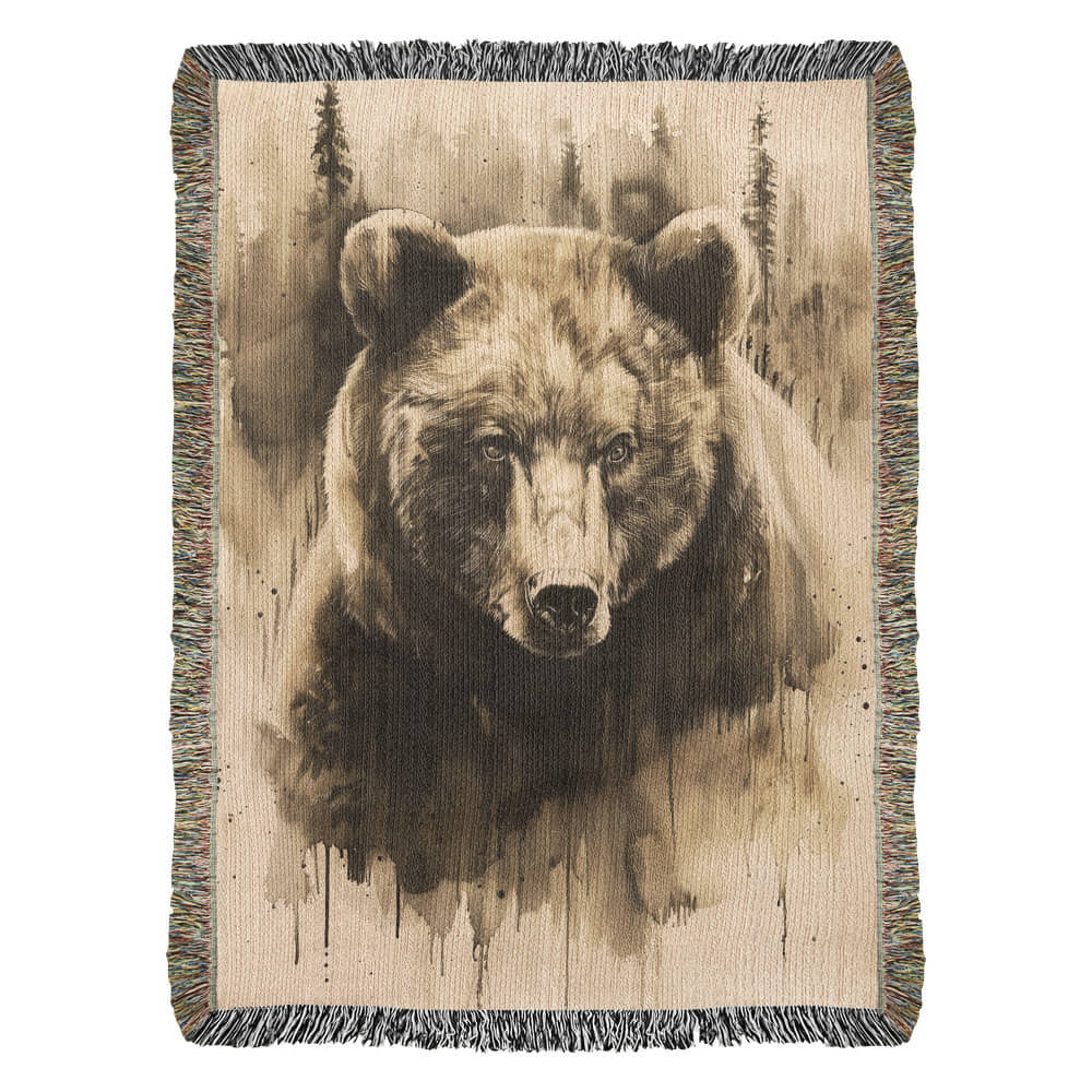 Forest Watcher Woven Blanket – Watercolor Bear in Woodland Mist