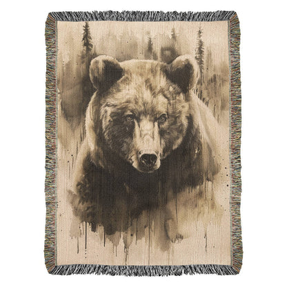 Forest Watcher Woven Blanket – Watercolor Bear in Woodland Mist