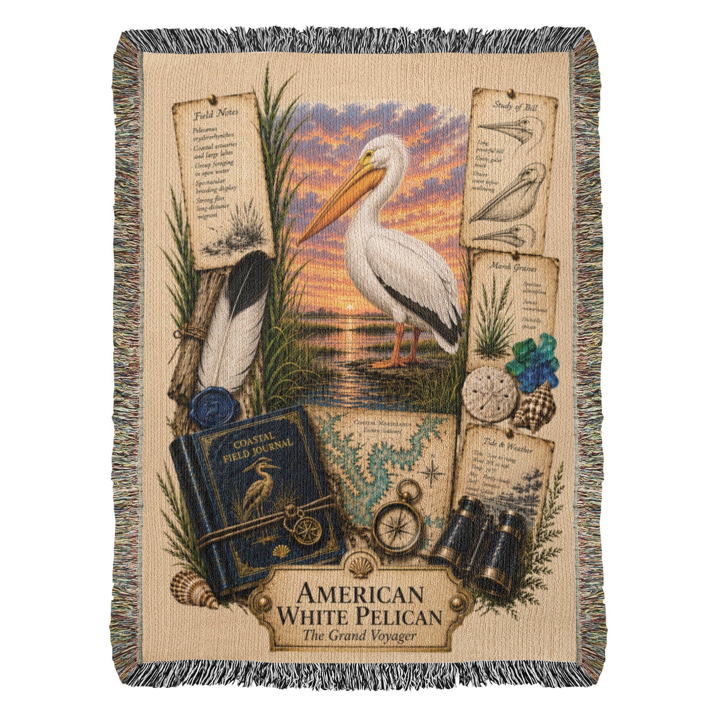 American White Pelican Woven Throw Blanket | Coastal Bird Decor | Cotton Tapestry Throw | Naturalist Journal Gift