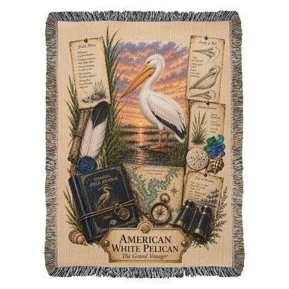 American White Pelican Woven Throw Blanket | Coastal Bird Decor | Cotton Tapestry Throw | Naturalist Journal Gift