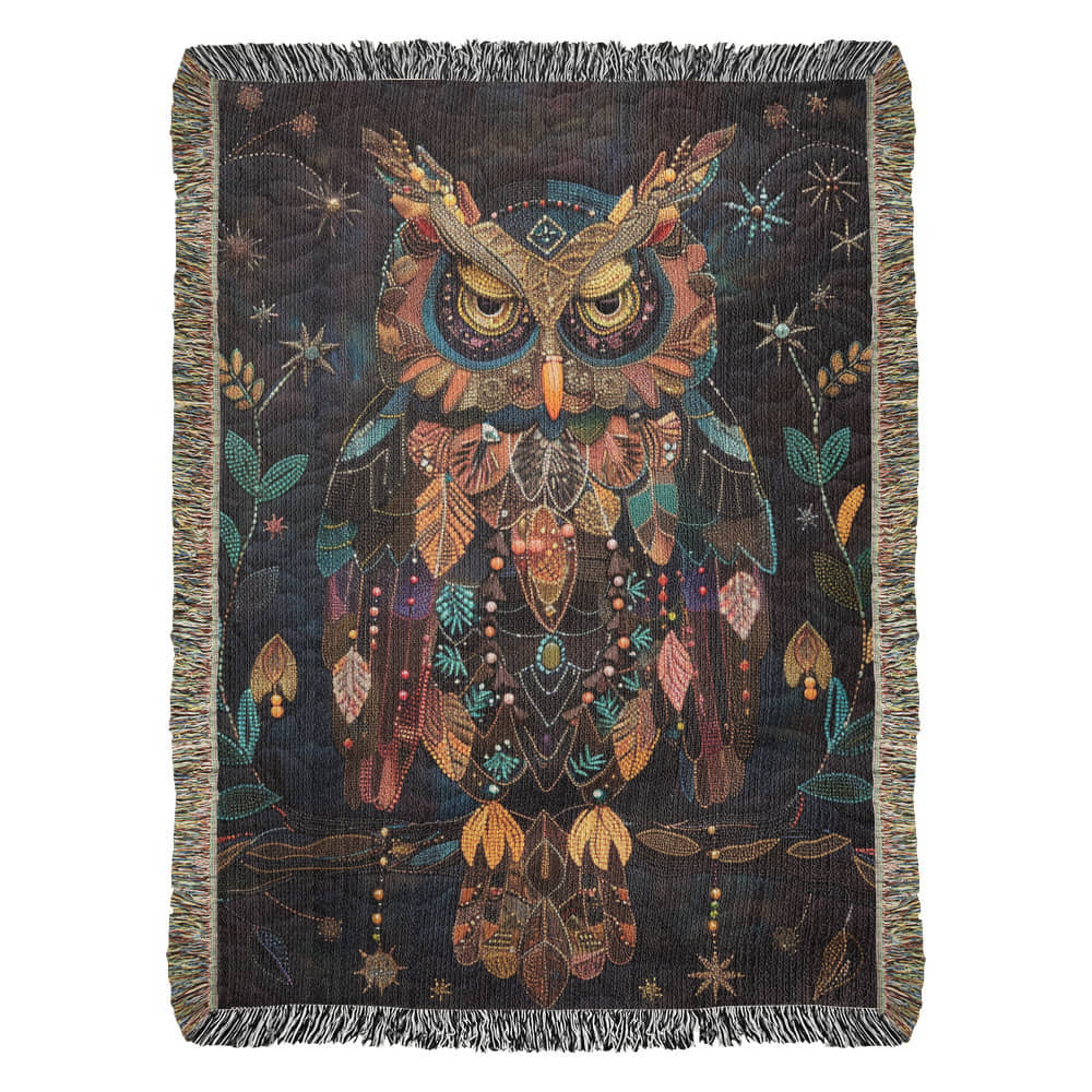 Boho Owl Woven Blanket – Beaded Look Design with Celestial Forest Accents