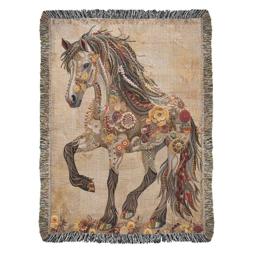 Beaded Spirit Horse Woven Blanket – Boho Western Home Decor