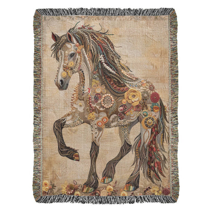 Beaded Spirit Horse Woven Blanket – Boho Western Home Decor