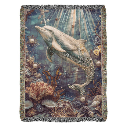 Beaded Look Dolphin Blanket – Ocean-Inspired Woven Throw | Underwater Boho Decor by Lace & Grit