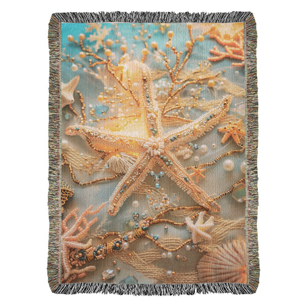 Beaded Look Starfish Blanket – Woven Coastal Fantasy Throw | Ocean-Inspired Decor by Lace & Grit