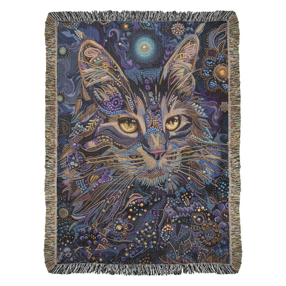 Celestial Cat Blanket – Mystical Beaded Design in Deep Indigo & Gold | Boho Spirit Animal Throw