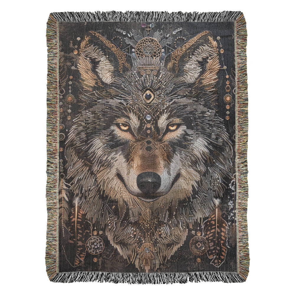 Boho Tribal Wolf Woven Blanket – Tribal Head Design in Earthy Tones | Mystical Boho Lodge Decor
