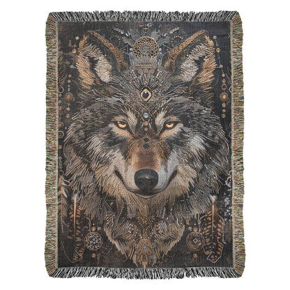 Boho Tribal Wolf Woven Blanket – Tribal Head Design in Earthy Tones | Mystical Boho Lodge Decor