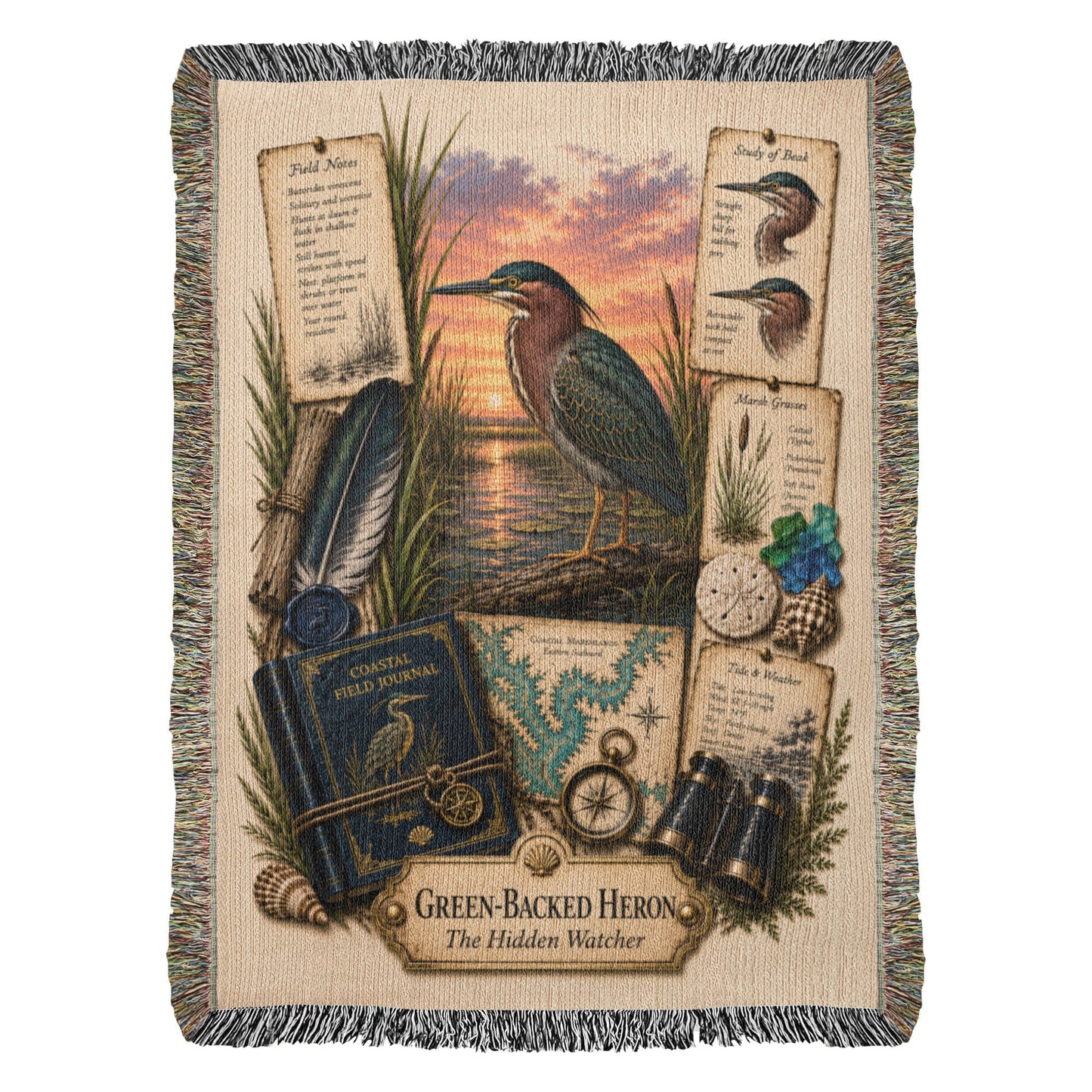 Green-Backed Heron Woven Throw Blanket | Coastal Bird Decor | Cotton Tapestry Throw | Naturalist Journal Gift