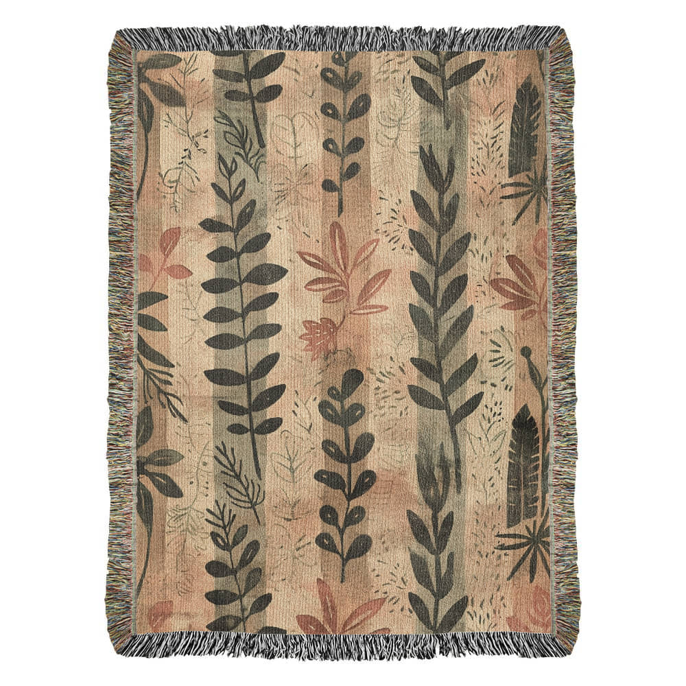 Whispering Leaves Woven Blanket – Boho Botanical Nature Throw