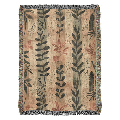 Whispering Leaves Woven Blanket – Boho Botanical Nature Throw