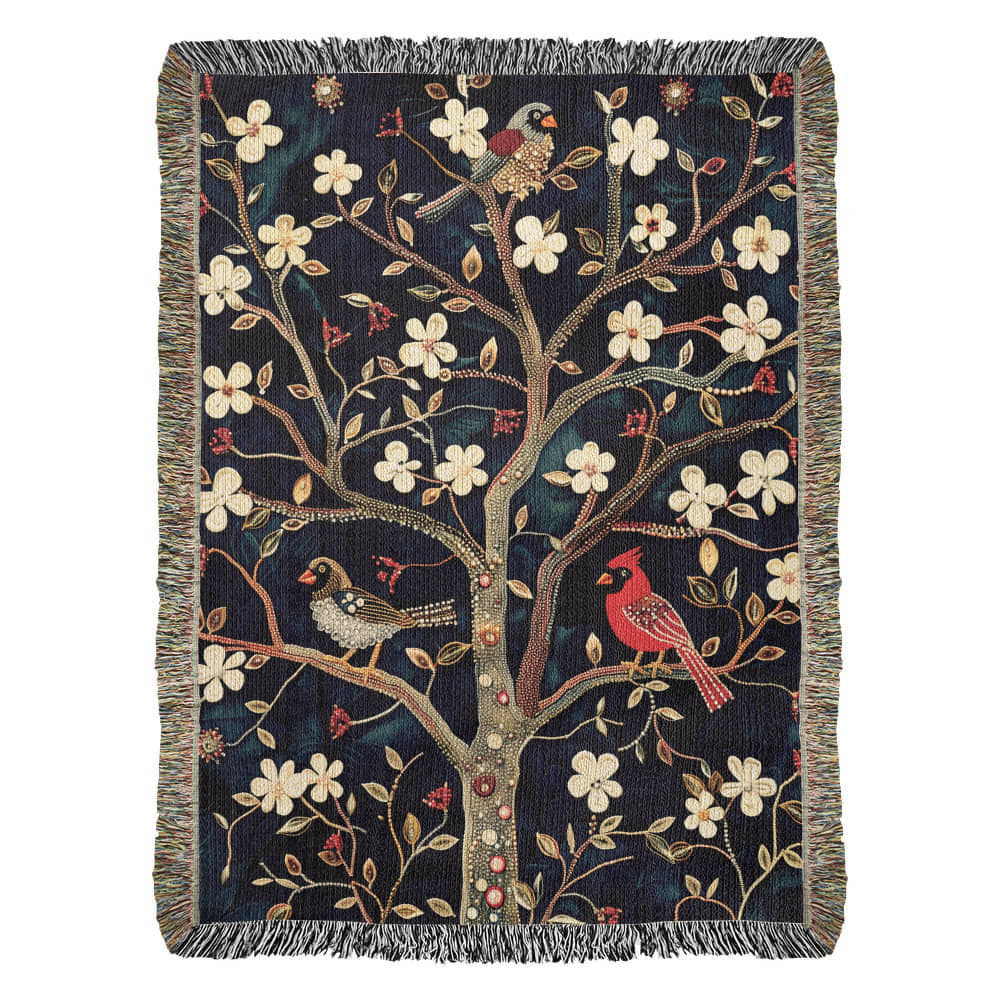 Blossom & Birds | Botanical Cardinal Woven Blanket for Cozy Boho Spaces