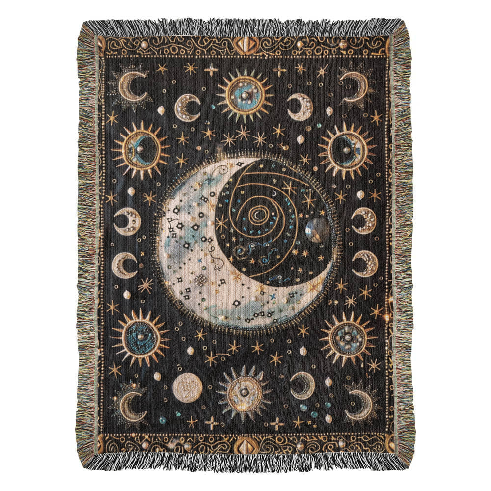Beaded Look Moon & Stars Blanket – Celestial Woven Throw | Cosmic Boho Decor by Lace & Grit