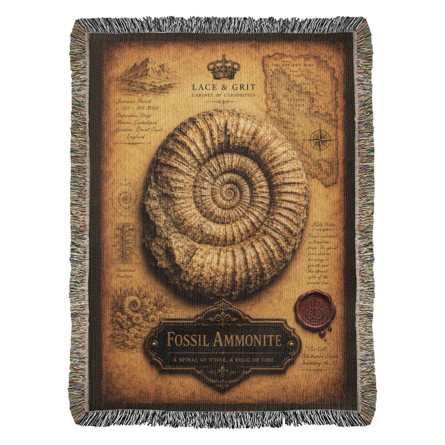 Fossil Ammonite  Woven Throw Blanket | Cabinet of Curiosities Decor | Cotton Tapestry | Archaeology History Gift
