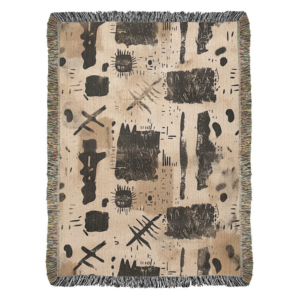 Nomad Script Woven Blanket – Primitive Abstract Boho Throw