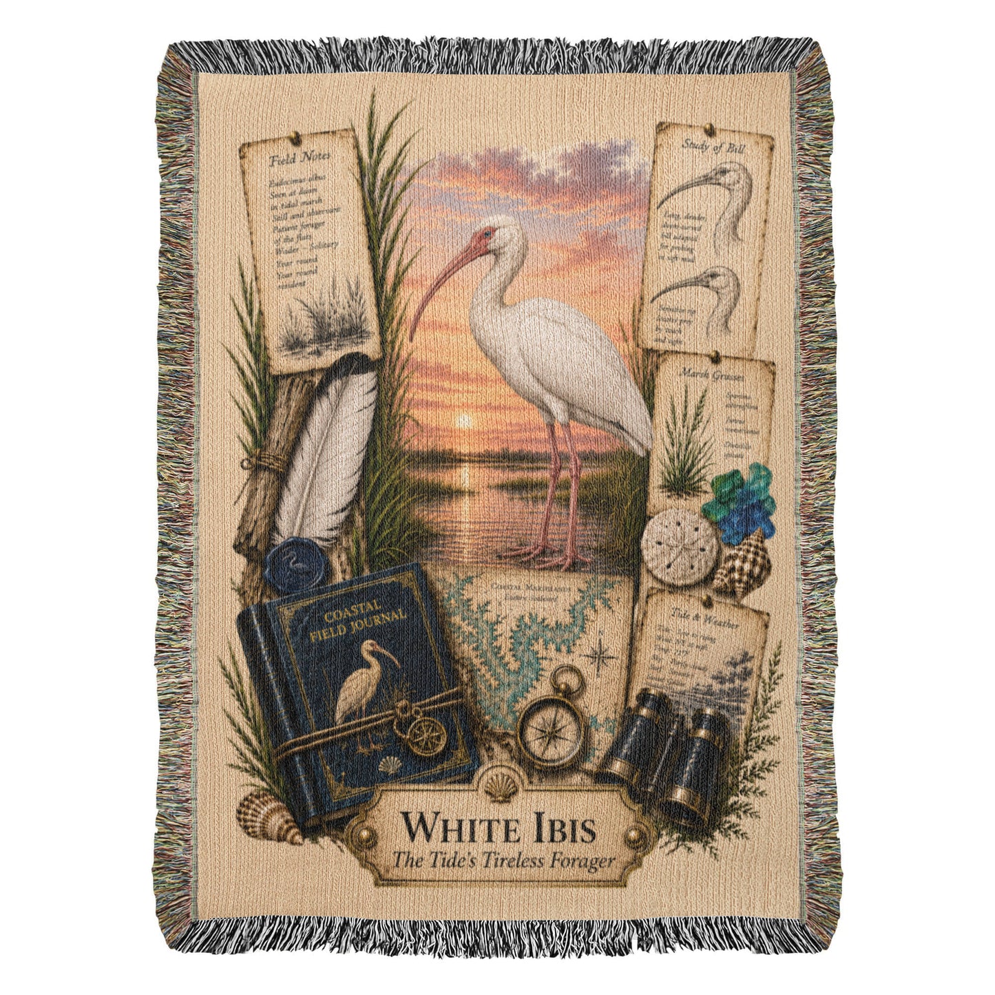 White Ibis Woven Throw Blanket | Coastal Bird Decor | Cotton Tapestry Throw | Naturalist Journal Gift