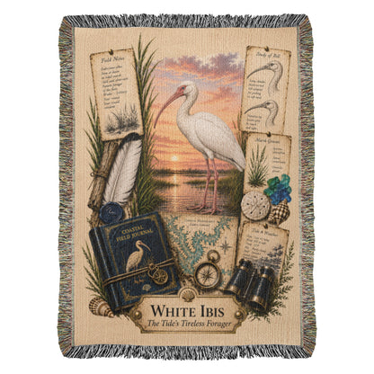 White Ibis Woven Throw Blanket | Coastal Bird Decor | Cotton Tapestry Throw | Naturalist Journal Gift