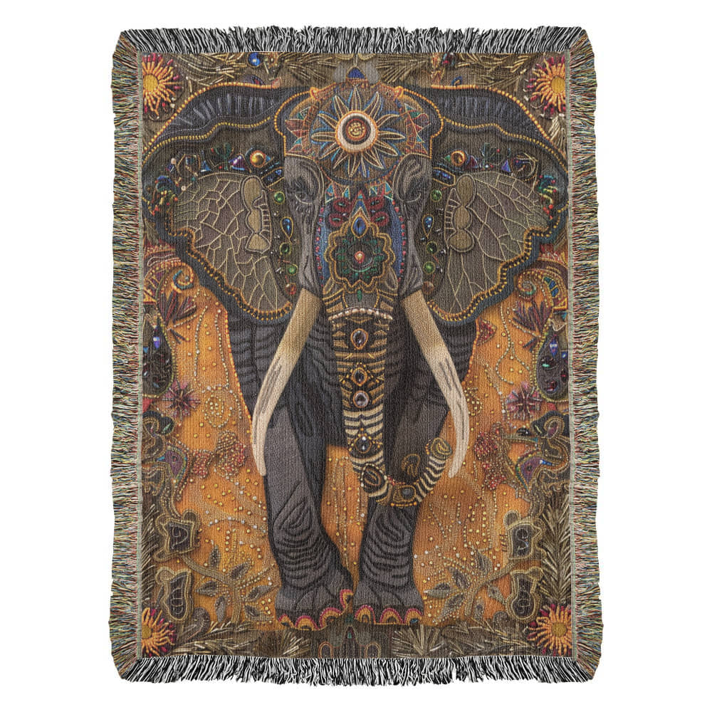 Boho Elephant Woven Blanket – Beaded-Inspired Tapestry with Tribal Floral Accents