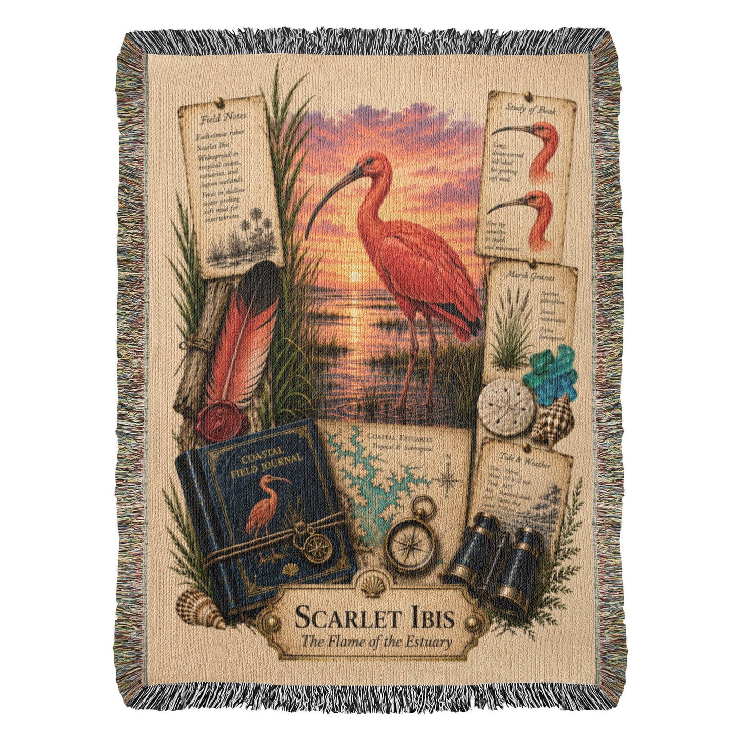 Scarlet Ibis Woven Throw Blanket | Coastal Bird Decor | Cotton Tapestry Throw | Naturalist Journal Gift