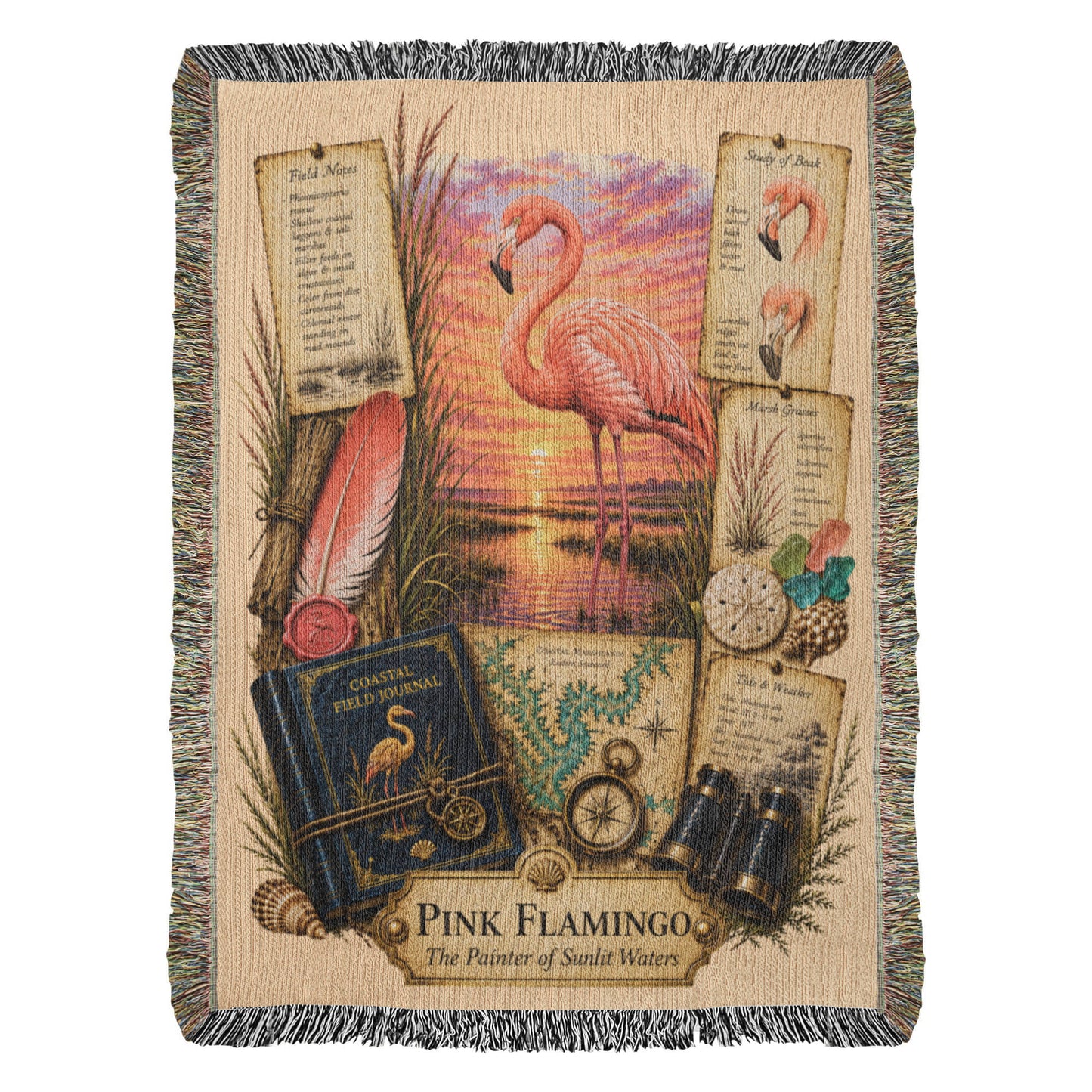 Pink Flamingo Woven Throw Blanket | Coastal Bird Decor | Cotton Tapestry Throw | Naturalist Journal Gift