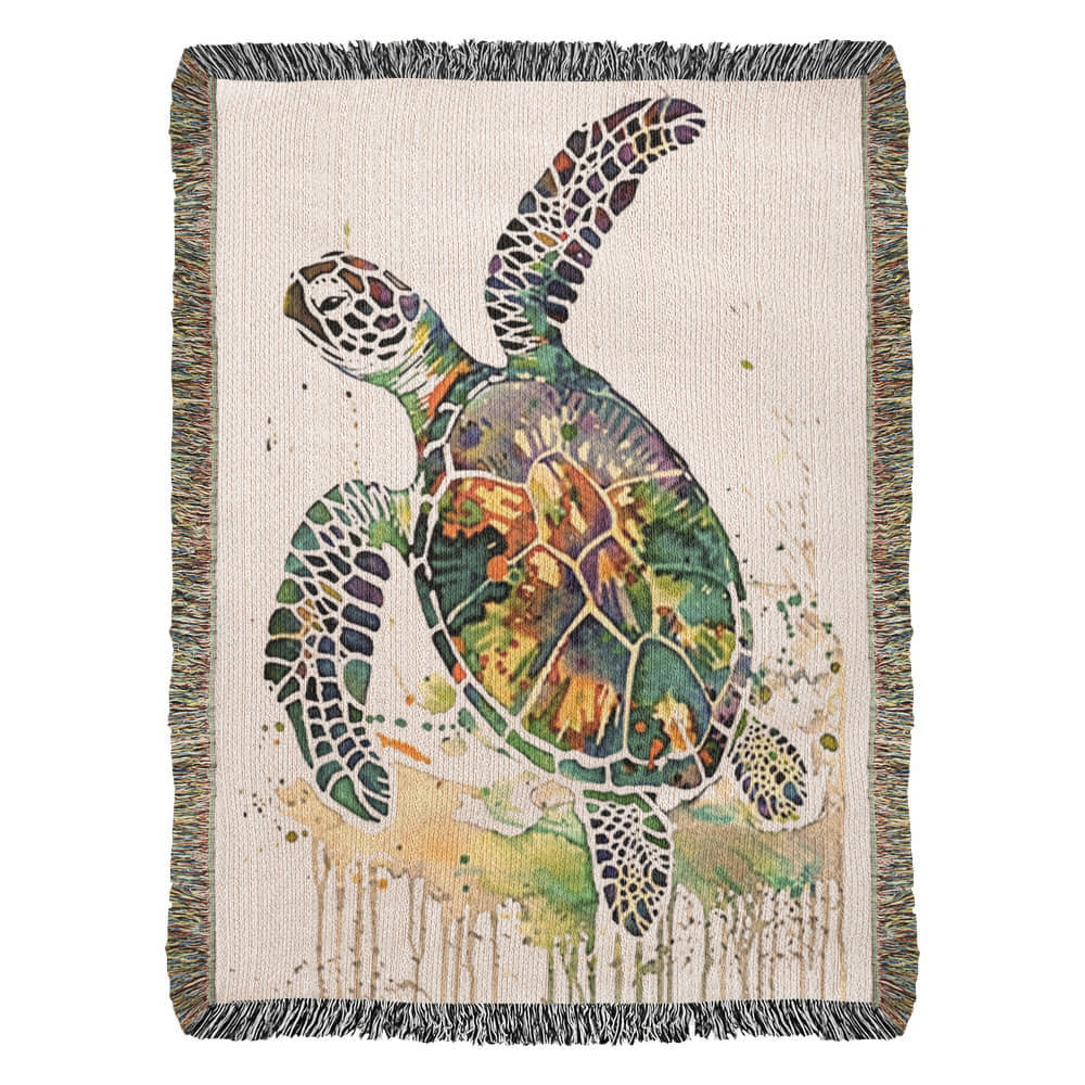 Coralwake Woven Blanket – Watercolor Sea Turtle in Motion